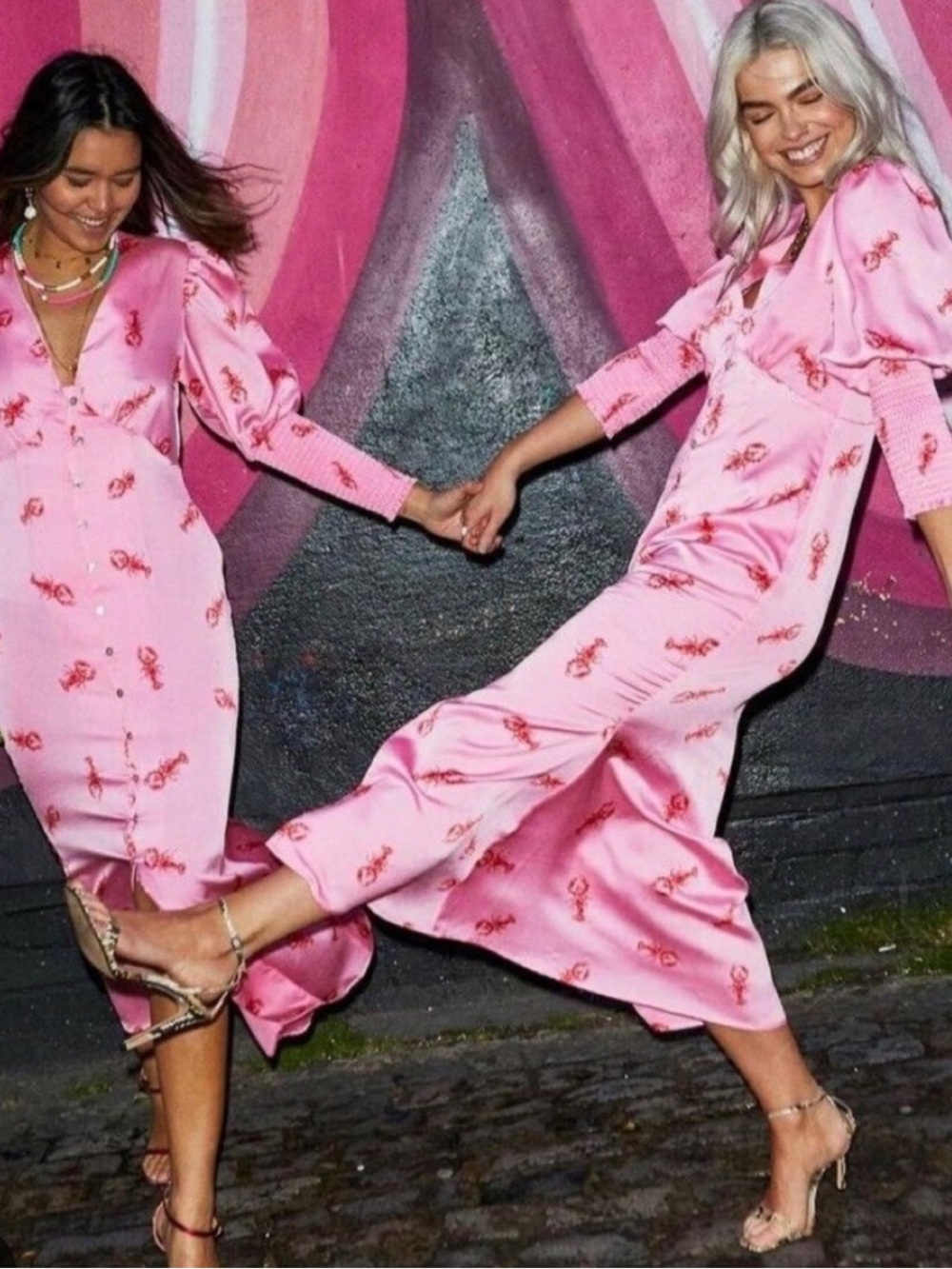 Never Fully Dressed Pink Floral Midi Dress with Puff Sleeves